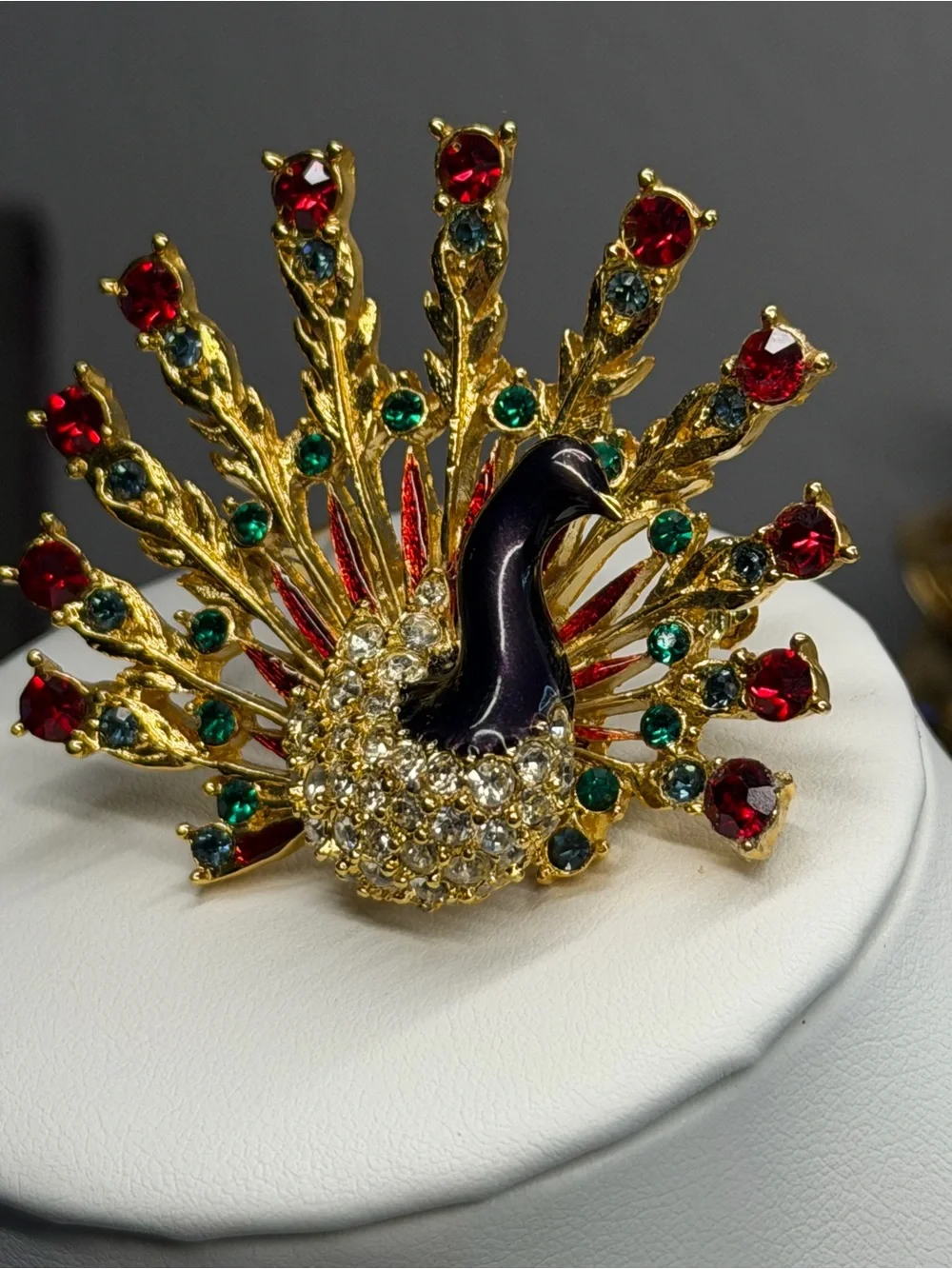 Vintage Signed Peacock Brooch 1.75” Gold Tone Rhinestone Enamel Pin Red Green St